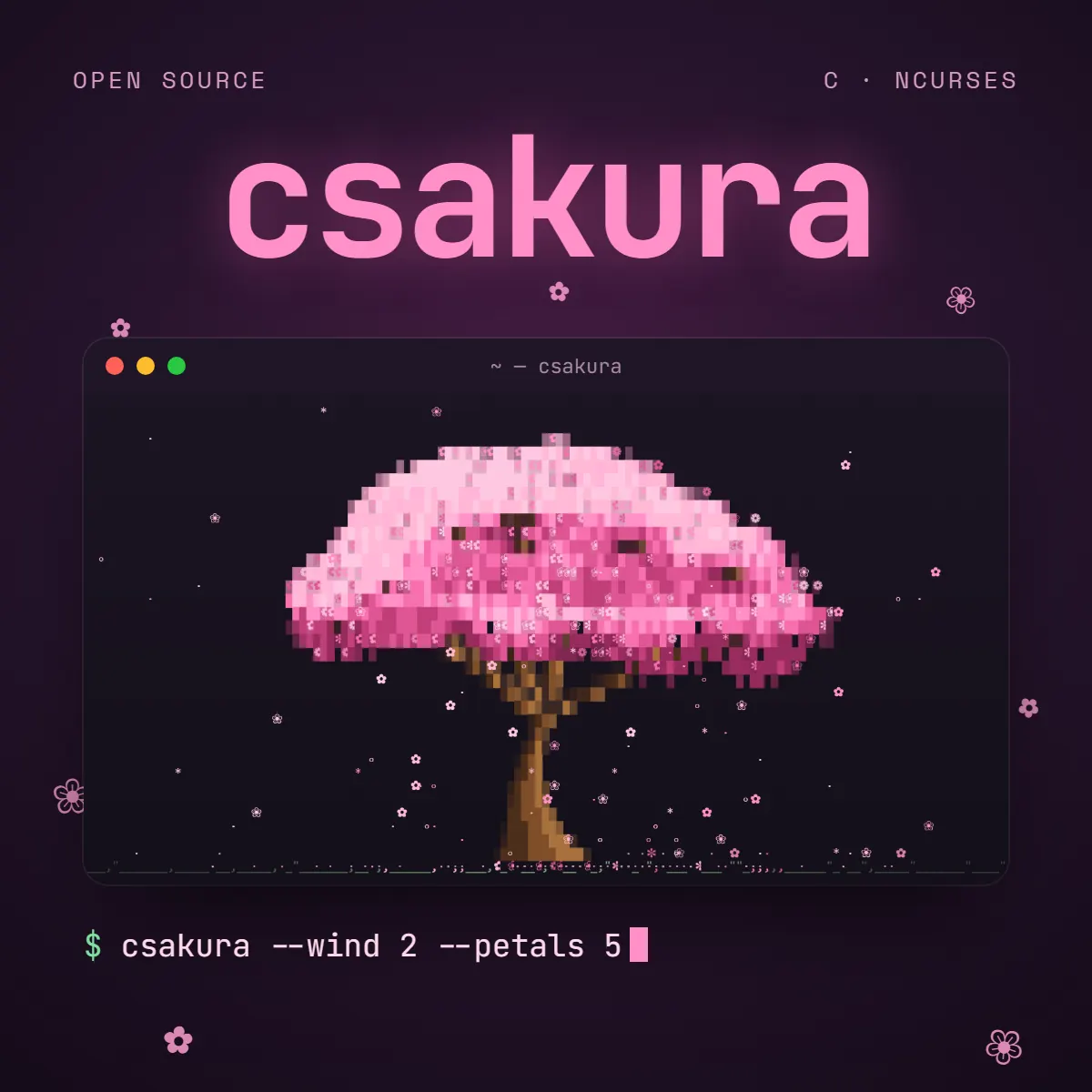 csakura cover: the pixel cherry tree growing in a terminal window, under the word csakura and the command csakura --wind 2 --petals 5
