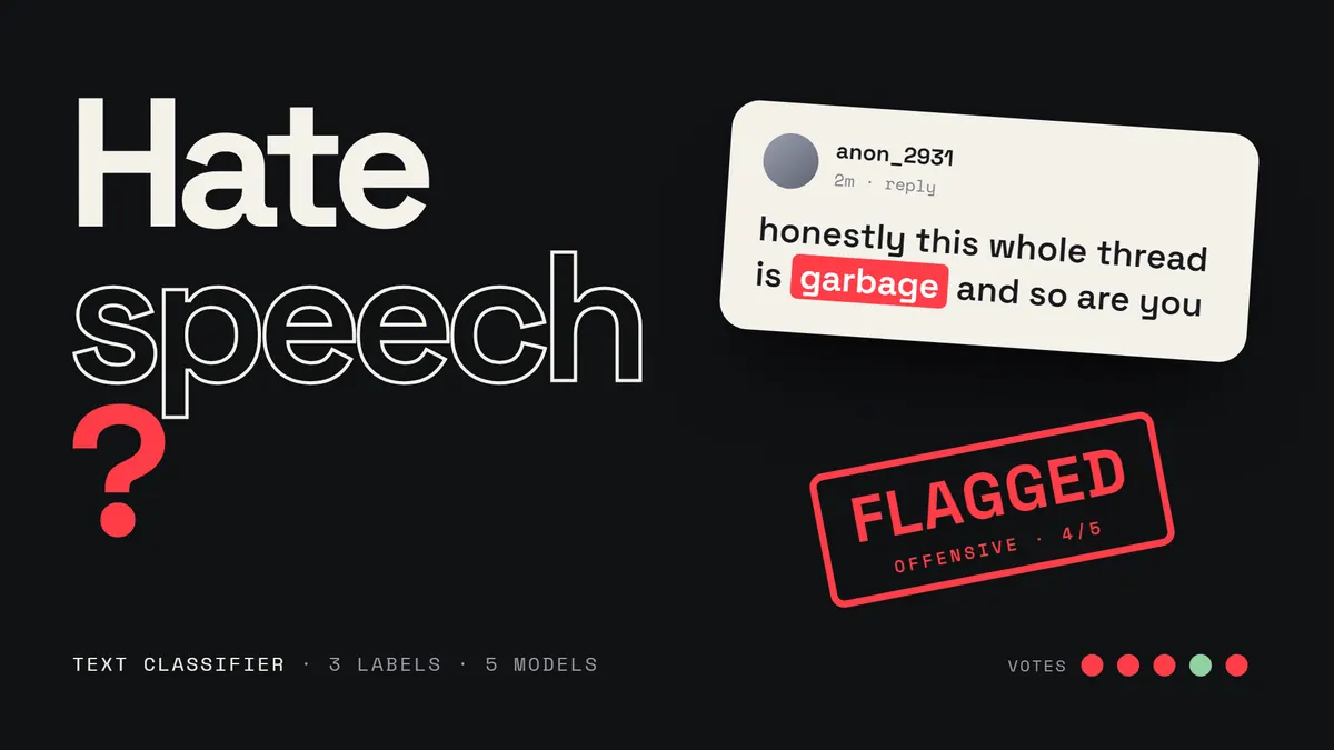 Hate speech classifier cover: a sentence with its most influential words highlighted, and five models voting offensive or neither