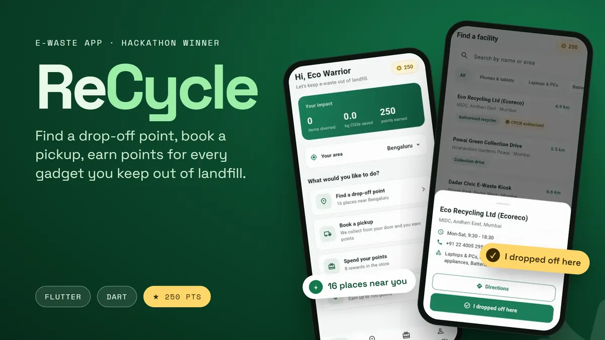 ReCycle cover: two phones showing the app home screen and an e-waste drop-off point