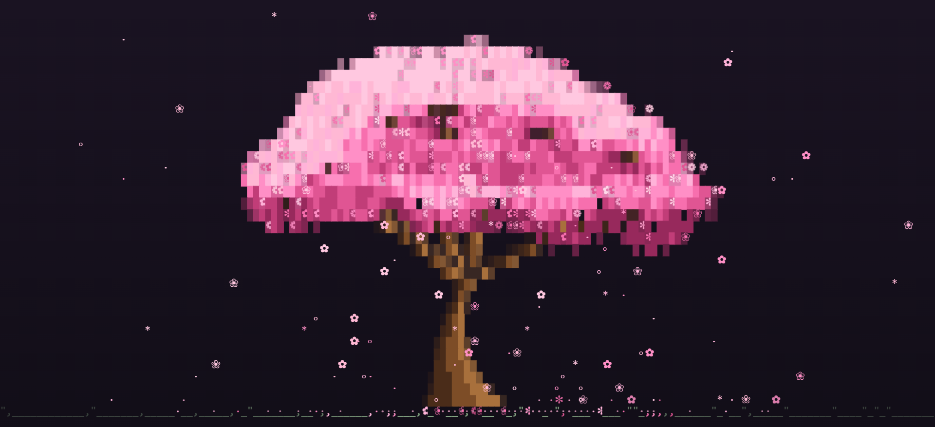 csakura running in a terminal: a pixelated cherry-blossom canopy in pink over a brown trunk, petals drifting down a dark plum background