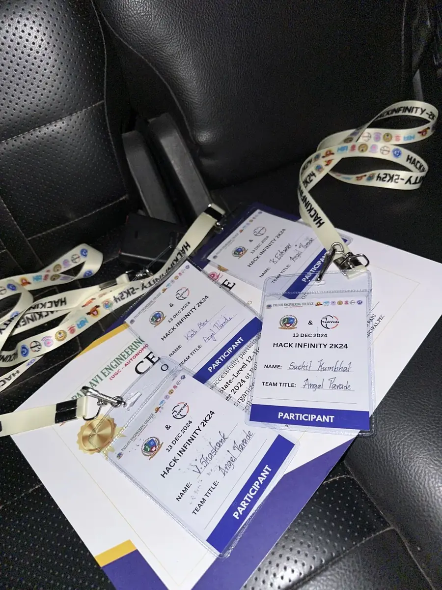 Four participant badges reading Hack Infinity 2K24, team title Angel Parade, 13 Dec 2024
