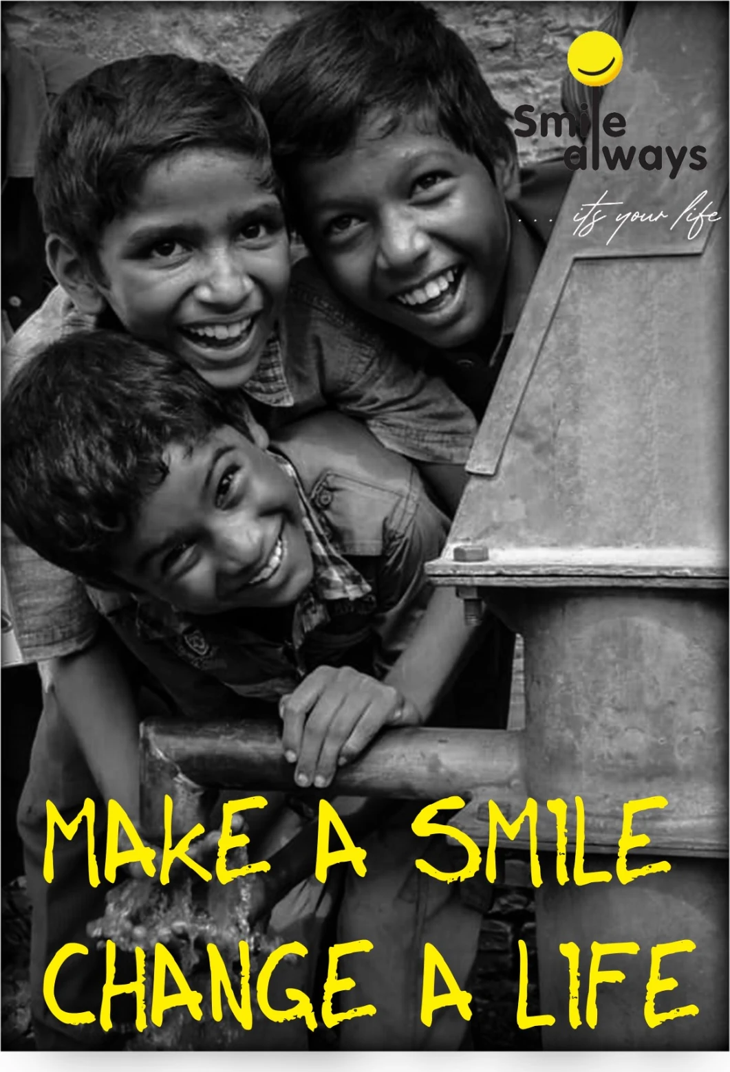 Smile Always campaign artwork with children at a water pump