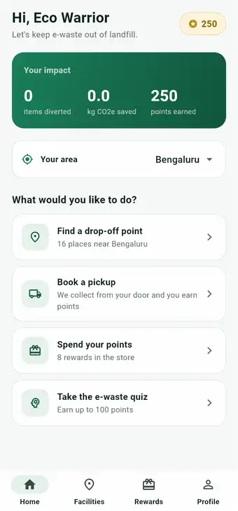 The ReCycle app running: home screen, facility directory, pickup booking, rewards and profile
